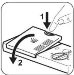 Diagram showing a hand pressing down on a device with labeled parts and directional arrows indicating motion or movement.