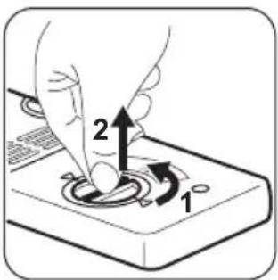 Diagram showing a hand pressing a button on a device with labeled parts 1 and 2, indicating a step in the process.