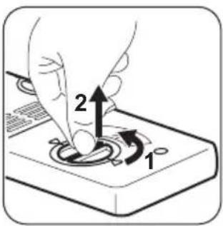 Diagram showing a hand pressing a button on a device with labeled parts 1 and 2, indicating a step in the process.