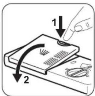 Diagram showing a hand pressing down on a device with labeled parts and directional arrows indicating motion or movement.