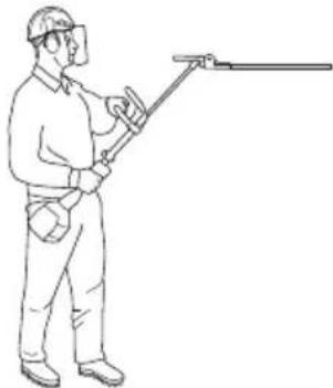 Line drawing of a worker in safety gear holding a tool, no text or symbols present