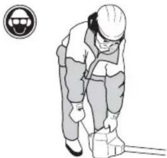 Illustration of a person in safety gear using a tool, with a warning symbol above (no text or symbols present)