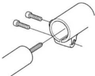 Technical line drawing of a mechanical clamp or bracket with two screws inserted (no text or symbols)