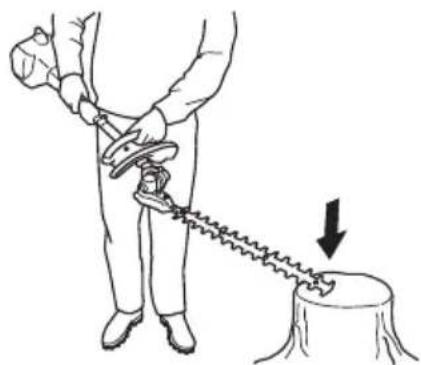 Illustration of a person using a saw to cut a tree stump with a downward arrow indicating force (no text or symbols)