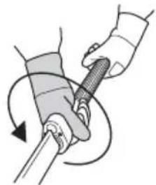 Illustration of a hand holding a tool with a curved arrow indicating rotation (no text or symbols)