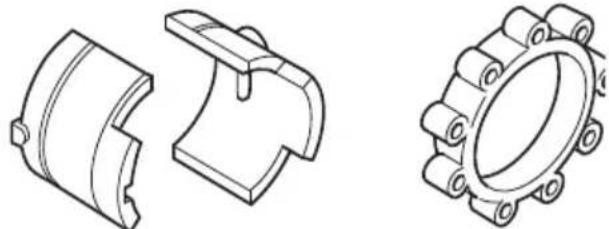 Technical line drawings of three mechanical components (cylindrical, bracket, and ring) without any text or symbols