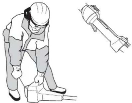 Illustration of a worker in safety gear handling equipment, with an inset technical diagram showing a mechanical component (no text or symbols present)