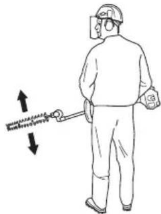 Line drawing of a person spraying a tool with an arrow indicating direction (no text or symbols)
