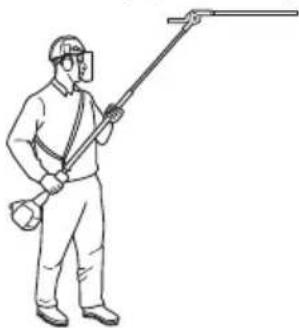 Line drawing of a person in protective gear spraying a tool (no text or symbols)