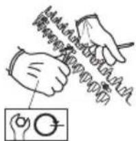 Diagram illustrating a hand holding a pen, with magnified detail showing a circular symbol and text labels.
