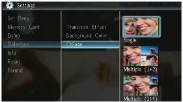 Settings Set Beep Memory Card Demo Slideshow Info Reset Format Transition Effect Background Color Collage Single Multiple (1+2) Multiple (1+4)