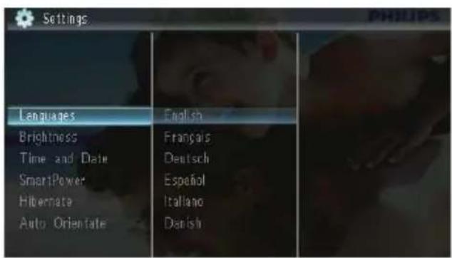 Settings Languages Brightness Time and Date SmartPower Hibernate Auto Orientate English Français Deutsch Español Italiano Danish