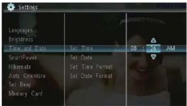Settings Languages Brightness Time and Date Set Time 08 : 26 AM SmartPower Set Date Hibernate Set Time Format Auto Orientote Set Date Format Set Bwp Memory Card