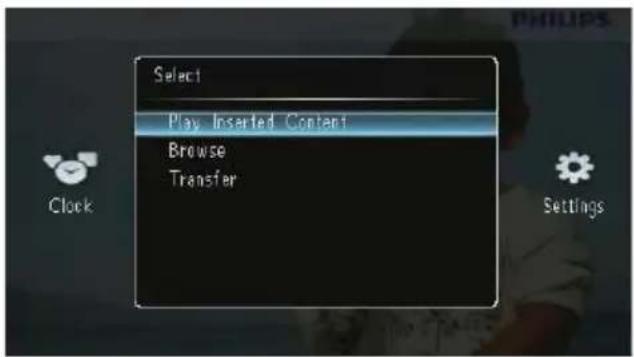 Select Play Inserted Content Browse Transfer Clock Settings