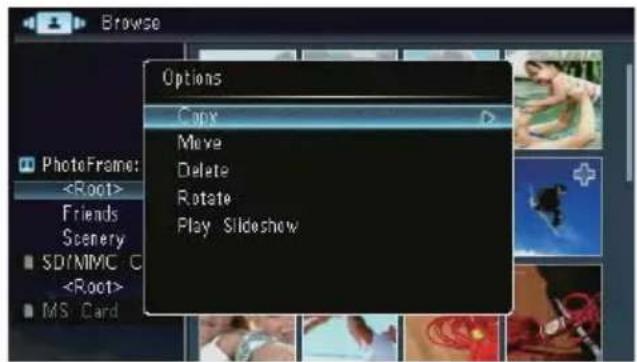 Browse Options Copy Move Delete Rotate Play Slideshow PhotoFrame: Friends Scenery SD/MIM/C MS Card