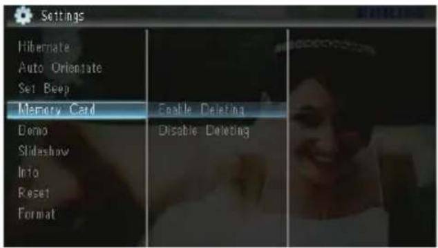 Settings Hibernate Auto Orientation Set Beep Memory Card Enable Deleting Disable Deleting Demo Slideshow Into Reset Format
