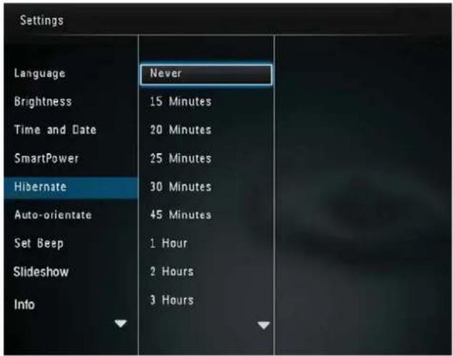 Settings Language Brightness Time and Date SmartPower Hibernate Auto-orientate Set Beep Slideshow Info Never 15 Minutes 20 Minutes 25 Minutes 30 Minutes 45 Minutes 1 Hour 2 Hours 3 Hours