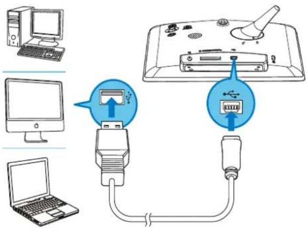 PHILIPS SPF4308 - Reliez le PhotoFrame à l'ordinateur à l'aide d'un câble USB. - 1