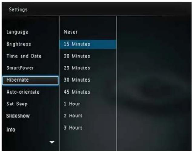 Settings Language Brightness Time and Date SmartPower Hibernate Auto-orientate Set Beep Slideshow Info Never 15 Minutes 20 Minutes 25 Minutes 30 Minutes 45 Minutes 1 Hour 2 Hours 3 Hours