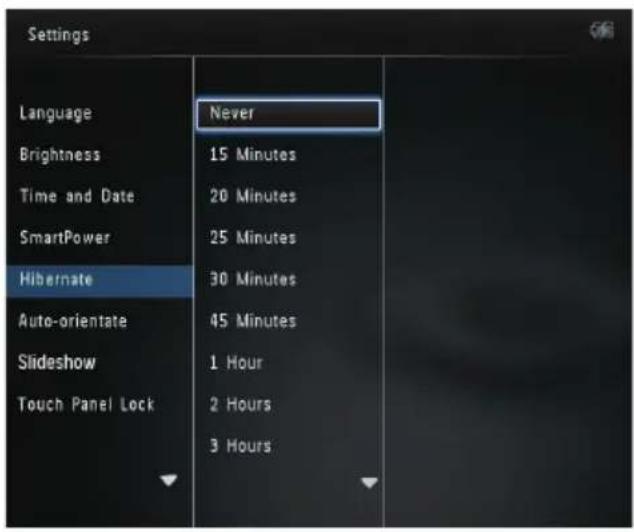 Settings Language Brightness Time and Date SmartPower Hibernate Auto-orientate Slideshow Touch Panel Lock Never 15 Minutes 20 Minutes 25 Minutes 30 Minutes 45 Minutes 1 Hour 2 Hours 3 Hours