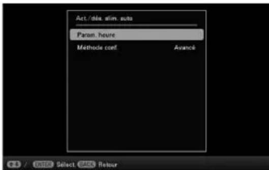 Act./dés. aim. auto Param. heure Methode conf Avance / ENTER Select. Auto Retour