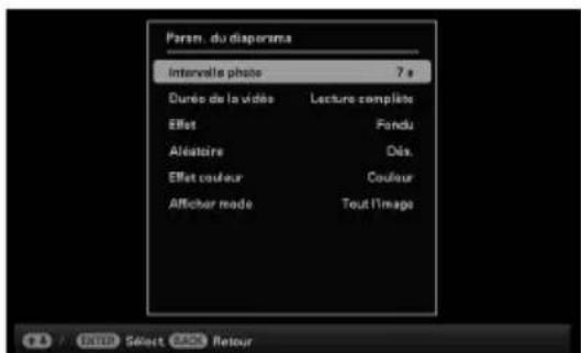 Param. du dispersion Intervalle photo 7 s Durée de la vidéo Lecture complète Effet Fondu Aléatoire Dés. Effet couleur Couleur Atticher mode Tout l'image