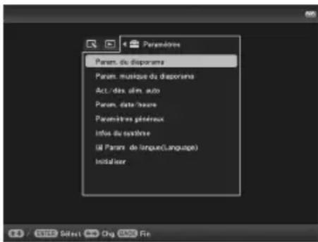 Paramètres Param. de disponere Param. musique du disponere Act./des d'ins auto Param. date/heure Paramètres généreux Infos du système (II Parame de langue(Language) Initialiser