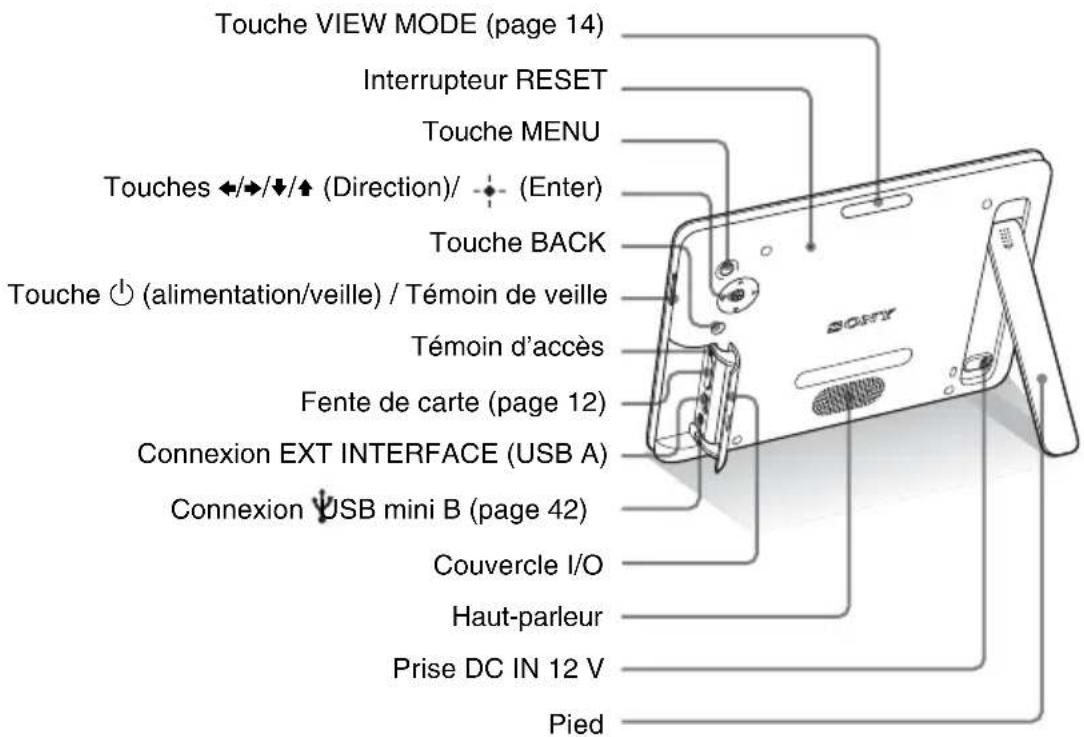 Touche VIEW MODE (page 14) Interrupteur RESET Touche MENU Touches ←/→/↓/↑ (Direction)/ - (Enter) Touche BACK Touche ⏻ (alimentation/veille) / Témoin de veille Témoin d'accès Fente de carte (page 12) Connexion EXT INTERFACE (USB A) Connexion USB mini B (page 42) Couvercle I/O Haut-parleur Prise DC IN 12 V Pied
