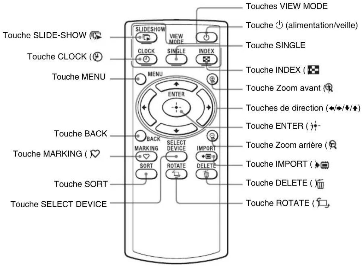 Touches VIEW MODE Touche ⏻ (alimentation/veille) Touches SINGLE Touches INDEX ( Touches Zoom avant ( Touches de direction (/////) Touches ENTER ( )- Touches Zoom arrière ( Touches IMPORT ( )- Touches DELETE ( Touches SELECT DEVICE Touches SLIDE-SHOW ( Touche CLOCK ( Touche MENU MENU ENTER BACK MARKING SELECT DEVICE IMPORT SORT ROTATE DELETE Touches SORT Touches MARKING ( ♥