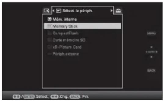 Sélect. le périph. Mém. interne Memory Stick CompassFlash Carte mémoire SD xD-Picture Card Périph externe MENU BACK / / 125 Sélect.: Chg. Back: Fin.