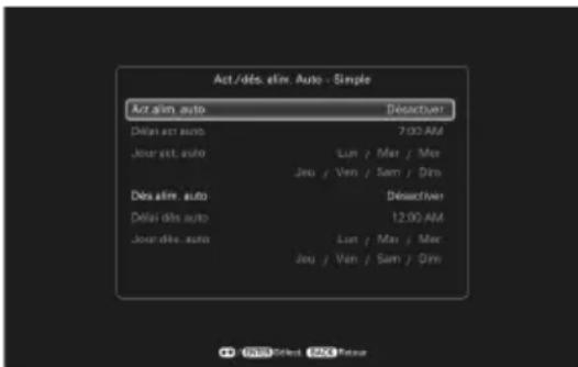 Act/dès. alim. Auto - Simple Act.alim auto Déactuer Délai act auto 7:00 AM Jour est. auto Lun / Mar / Mon Jou / Ven / Sem / Dim Déa alim. auto Déactiver Délai dès auto 12:00 AM Jour dès. auto Lun / Mar / Mon Jou / Ven / Sem / Dim