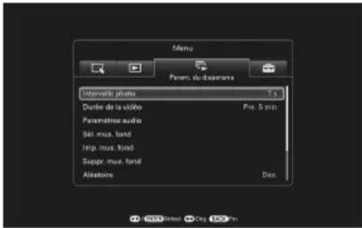 Menu Param. du dispensers Interville photo Durée de la vidéo Pré. 5 min Paramette audio Sét. mus. fond Imp. mus. fond Supper mus. fond Allesoire Dén