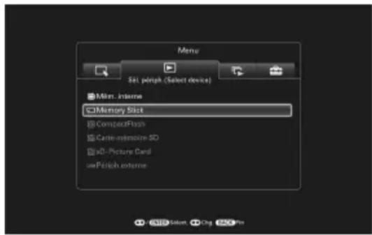 Menu SEL péniph (Select device) Min. Interns Memory Slot CompactFlash Carte-xylinimo SD x0-Picture Card usePéniph externe