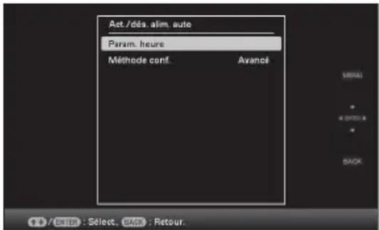 Act./dés. alim. auto Param. heure Méthode conf. Avanci MINI * OFFS: * BACK / Edit : Select, Back : Retour.