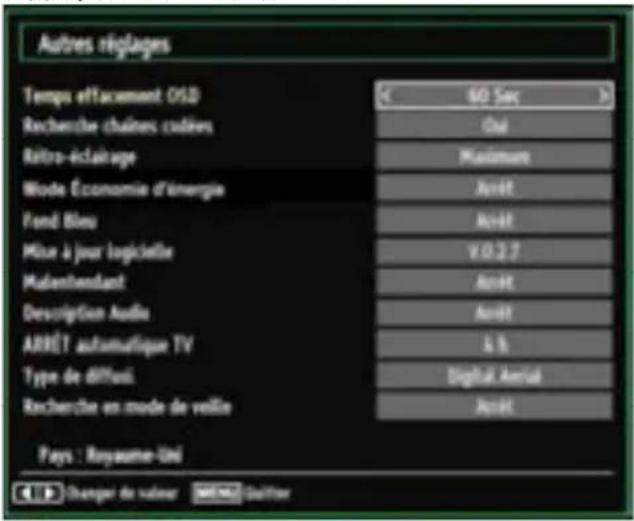 Autres réglages Temps effacement OSD Recherche chaînes cadées Rétro-éclairage Mode Économie d'énergie Pond Bleu Mise à jour logicielle Malentendant Description Audio ARRÊT automatique TV Type de diffus Recherche en mode de veille 60 Sec Oui Maximum Avût Avût V 0.2.7 Avût Avût A & Digital Avuit Avût Pays : Royaume-Uni Changer de valeur ⬤MEGÜ Bautier