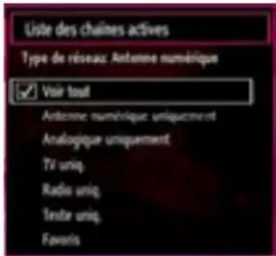 Liste des chaînes actives Type de réseau: Antenne numérique ✓ Voir tout Antenne: numérique: uniquement Analogique uniquement TV uniq. Radio uniq. Texte uniq. Favoris
