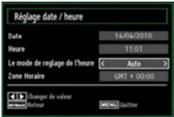 Réglage date / heure Date 14/04/2010 Heure 11:01 Le mode de réglage de l'heure < Auto > Zone Horaire GMT + 00:00 Changer de valeur Retour MENU Quitter