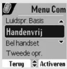 Menu Com Luidspr. Basis Handenvrij Bel handset Tweede opr. Terug Activeren