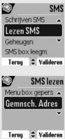 SMS Schrijven SMS Lezen SMS Geheugen SMS box leegm. Terug Valideren SMS lezen Menu box gepers Gemnsch. Adres Terug Valideren