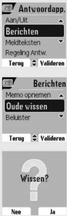Antwoordapp. Aan/Uit Berichten Meldteksten Regeling Antw. Terug Valideren Berichten Memo opnemen Oude wissen Beluister Terug Valideren Wissen? Nee Ja