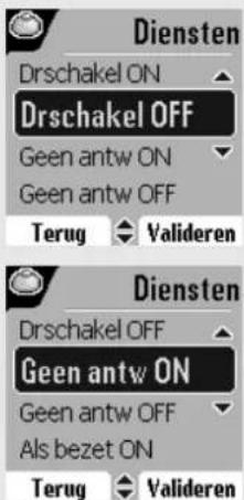 Diensten Drschakel ON Drschakel OFF Geen antw ON Geen antw OFF Terug Valideren Diensten Drschakel OFF Geen antw ON Geen antw OFF Als bezet ON Terug Valideren