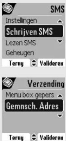 Instellingen Schrijven SMS Lezen SMS Geheugen Terug Valideren Verzending Menu box gepers Gemnsch. Adres Terug Valideren