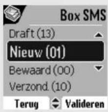 Box SMS Draft (13) Nieuw (01) Bewaard (00) Verzond (10) Terug Valideren