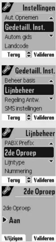 Instellingen Aut. Opnemen Gedetail Inst. Autom. gids Landcode Terug Valideren Gedetail Inst. Beheer basis Lijnbeheer Regeling Antw. SMS instellingen Terug Valideren Lijnbeheer PABX Prefix 2de Oproep Lijntype Nummering Terug Valideren 2de Oproep 2de Oproep Aan Wijzigen Valideren