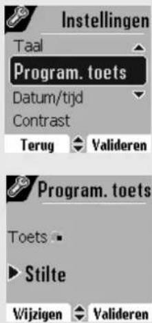 Instellingen Taal Program. toets Datum/tijd Contrast Terug Valideren Program. toets Toets Stilte Wijzigen Valideren