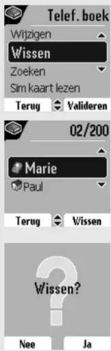 Telef. boek Wijzigen Wissen Zoeken Sim kaart lezen Terug Valideren 02/200 Marie Paul Terug Wissen Wissen? Nee Ja