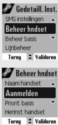 Gedetail. Inst. SMS instellingen Beheer hndset Beheer basis Lijnbeheer Terug Valideren Beheer hndset Naam handset Aanmelden Priorit. basis Herinst. handset Terug Valideren