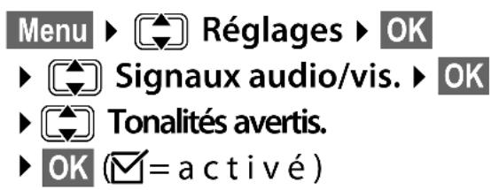 Menu ▶ Réglages ▶ OK ▶ Signaux audio/vis. ▶ OK ▶ Tonalités avertis. ▶ OK (☑ = a c t i v é)