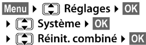 Menu ▶ Réglages ▶ OK ▶ Système ▶ OK ▶ Réinit. combiné ▶ OK