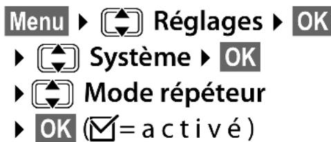 Menu ▶ Réglages ▶ OK ▶ Système ▶ OK ▶ Mode répéteur ▶ OK (☑= a c t i v é)